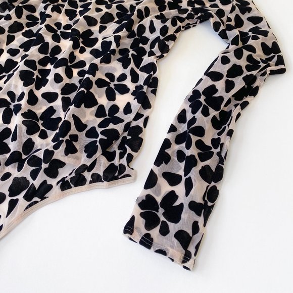 VS Sheer Long Sleeve Bodysuit with Black Velvet Floral Patterning - Picture 3 of 7